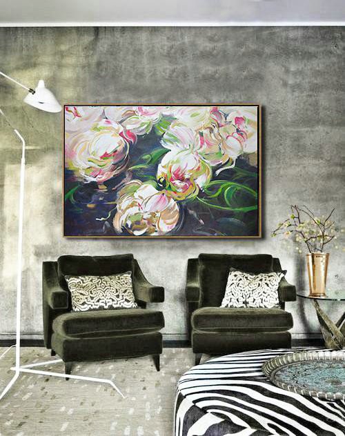 Large Abstract Painting On Canvas,Horizontal Abstract Flower Oil Painting,Contemporary Art Acrylic Painting,White,Green,Black.etc
